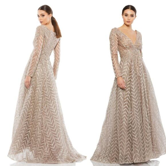 Mac Duggal Taupe Embellished Illusion Long Sleeve Wrap Over A Line Dress 16 - Picture 1 of 14